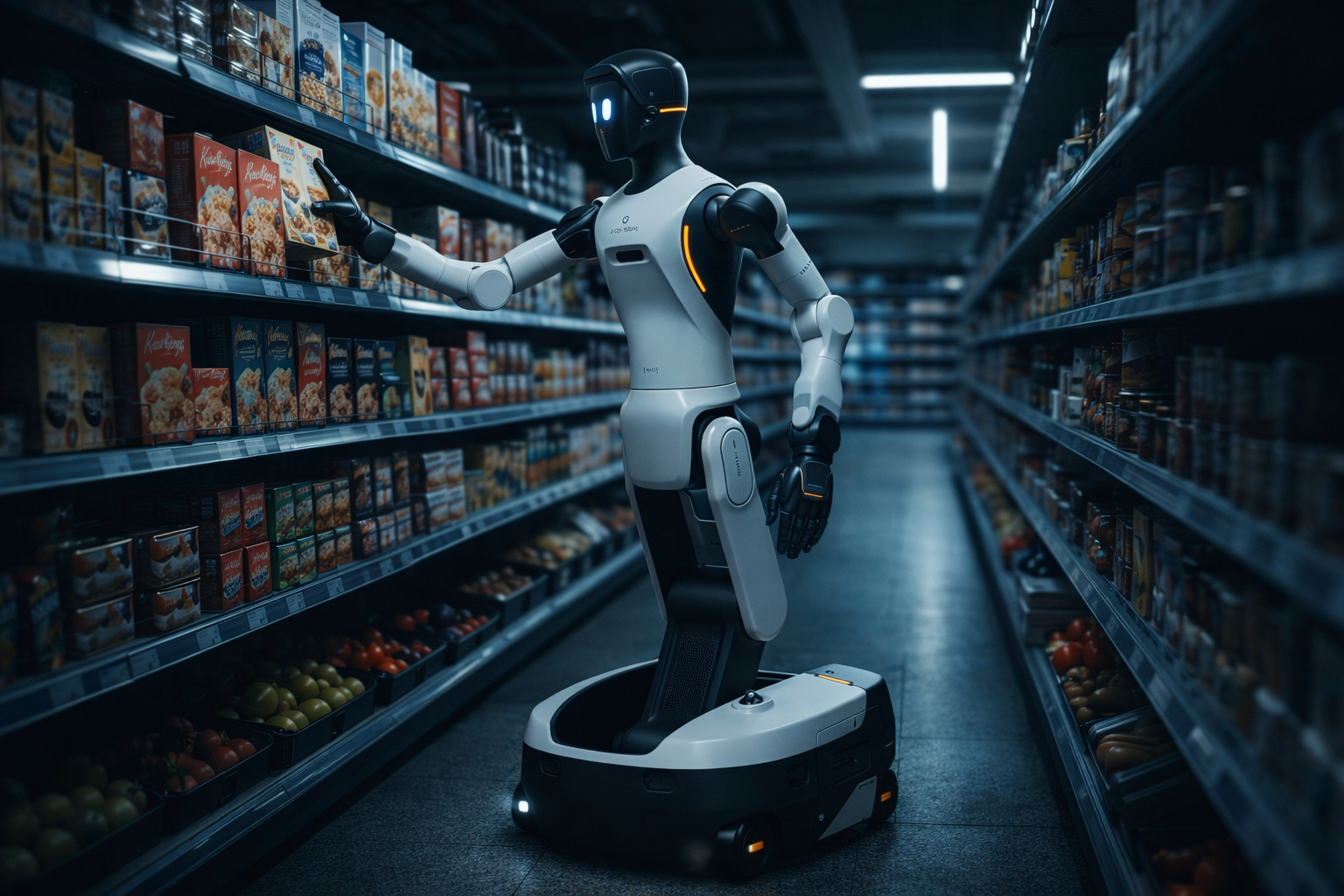Theseus autonomous shelf-restocking robot operating in a supermarket aisle